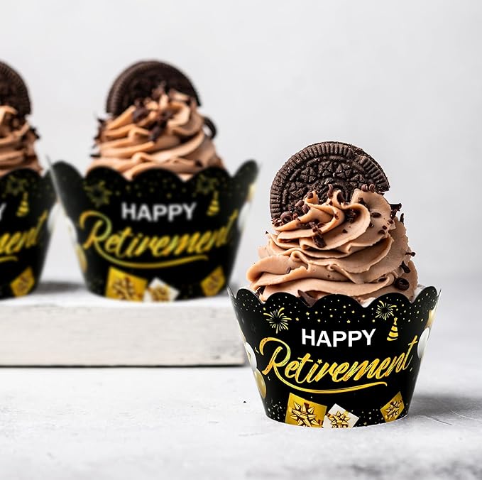 Whaline 36Pcs Happy Retirement Cupcake Wrappers Black Gold Retirement Cupcake - Image 3