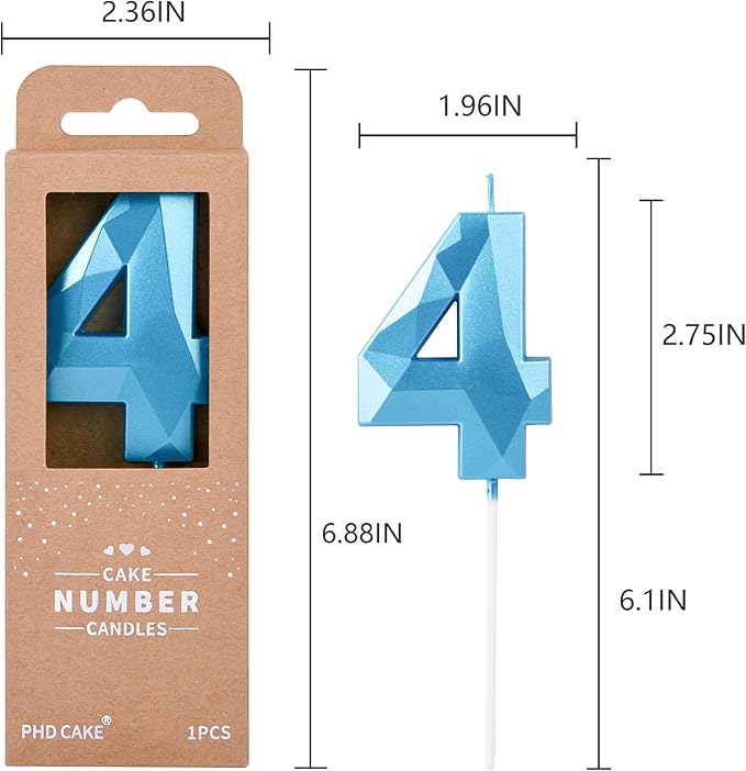 PHD CAKE 2.76 Inch Crystal Blue 4 Number Birthday Candles, Cake Number Candles - Image 6