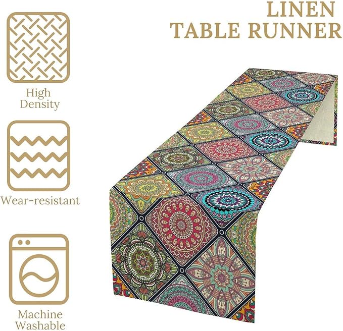 Boho Bohemian Table Runner, Vintage Indian Floral Print Table Cover - Image 4