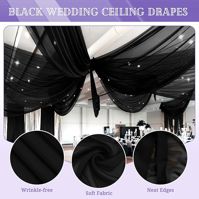 6 Panels Black Ceiling Drapes for Wedding 5ftx10ft Chiffon Fabric Arch Draping - Image 3