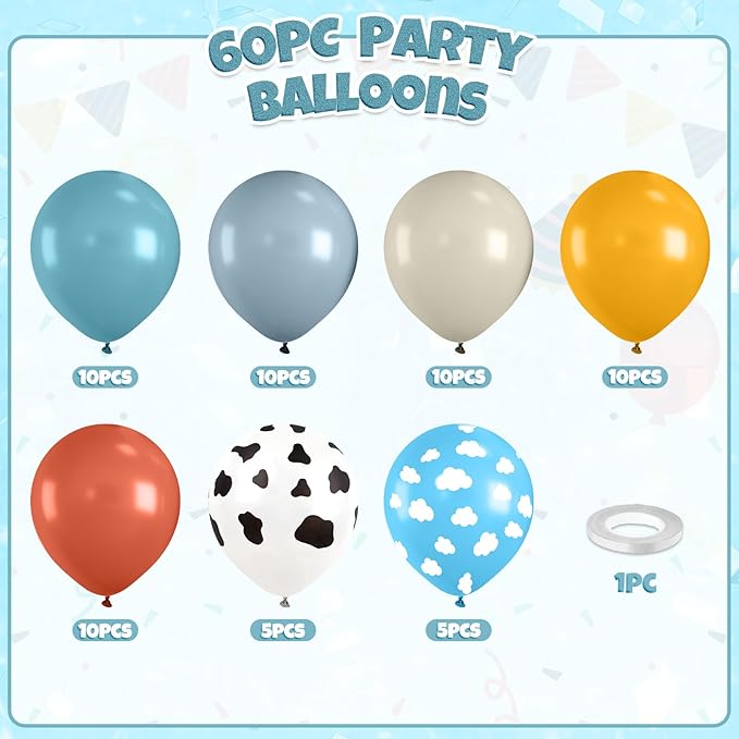 Cow Print Balloons, Retro Dusty Blue Yellow White Balloon - Image 2