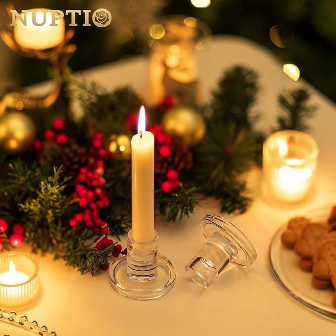 NUPTIO Glass Candle Stick Holder: Set of 10 Clear Small Taper Candlestick - Image 2