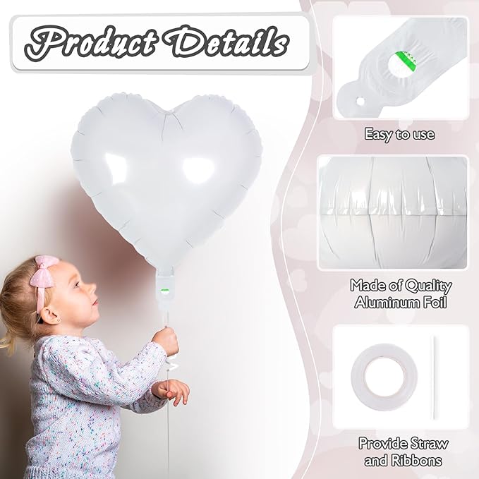 24 White Heart Balloons, 18 inch Heart Shape Foil Balloons - Image 5