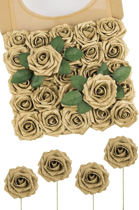 N&T NIETING Artificial Flowers Glowing Gold Flowers Foam 25pcs Glitter Roses by NTNIETING