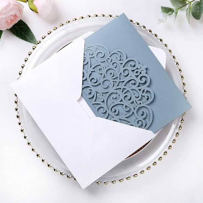 PONATIA 5.12 x 7.2 Dusty Blue Laser Cut Invitation Pocket - Image 5