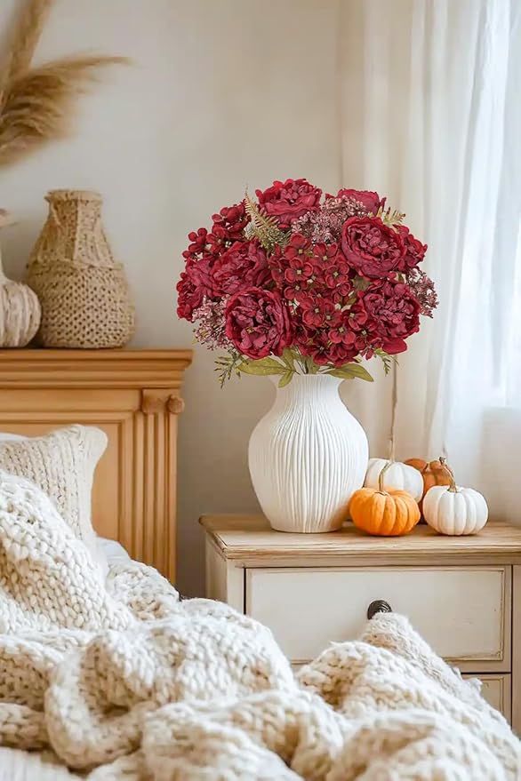 Hollyone 2 Bundles Artificial Fall Flowers Bouquet 18.8" Red Peony Hydrangea - Image 4