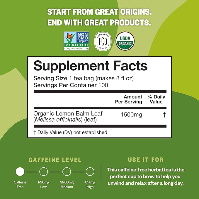 FGO Organic Lemon Balm Tea, Eco-Conscious Herbal Tea Bags, Resealable Bag - Image 2
