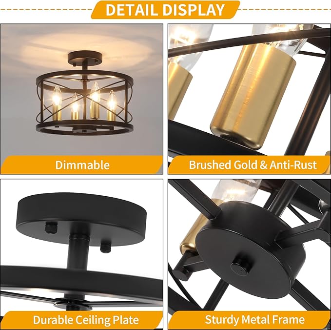 Black and Brushed Gold Semi Flush Mount Ceiling Light, Farmhouse Modern Light - Image 3