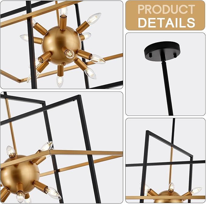 31.5'' Large Modern Lantern Chandeliers, 12-Light Black Gold Geometric Pendant - Image 3