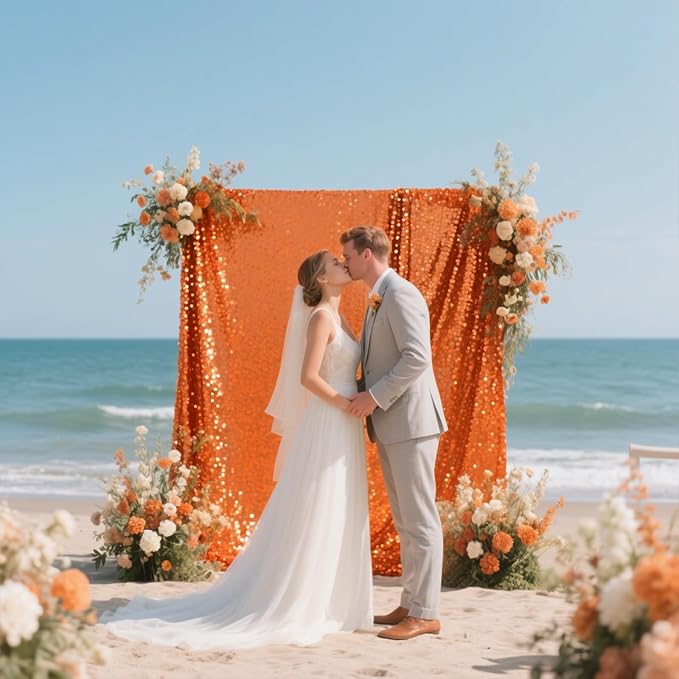 Orange Sequin Backdrop Curtain 4 Pieces 2FTx8FT Glitter Photography Backdrop - Image 3