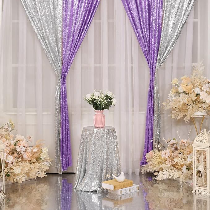SquarePie Sequin Backdrop Curtain 2 Panels 2FT x 8FT Lavender Background - Image 4