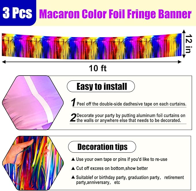 3 Pack 10 Long Rainbow Metallic Foil Fringe Garland Wall Hanging Tassle Banner - Image 2