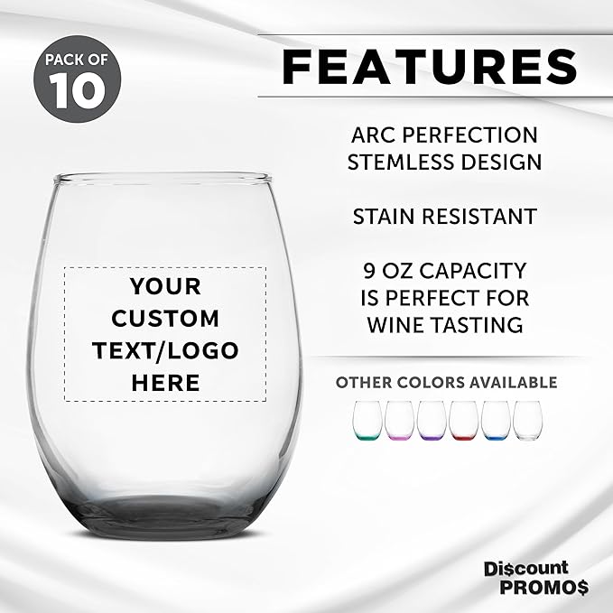 DISCOUNT PROMOS Custom Stemless Wine Glass 9 oz. Set of 10, Personalized Bulk - Image 2