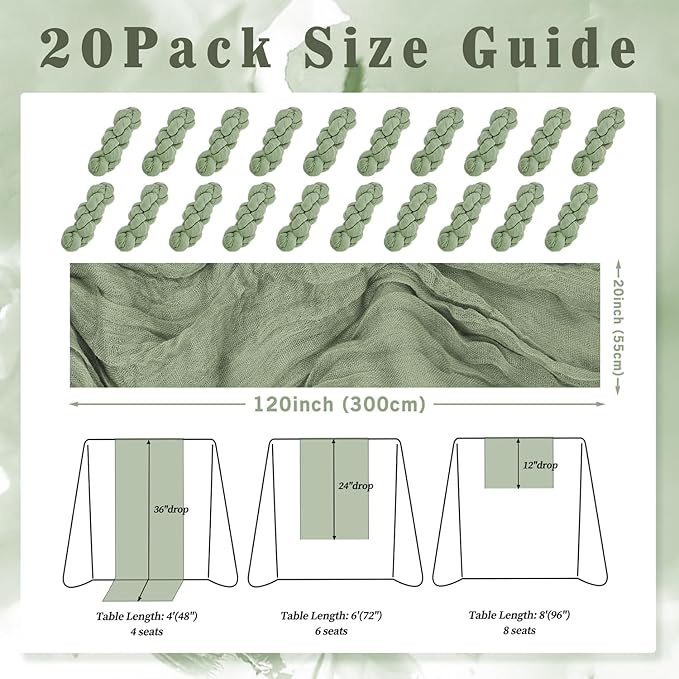 20 Pack Sage Green Cheesecloth Table Runner 10FT Rustic Gauze Fabric Cheese - Image 2