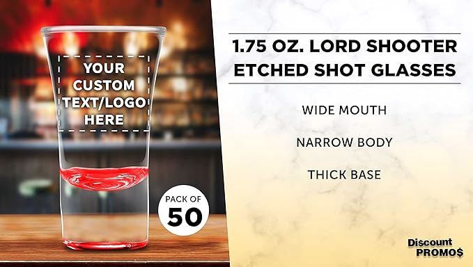 Custom 2 oz. Lord Shooter Etched Shot Glasses, 50 pack, Personalized Text - Image 3