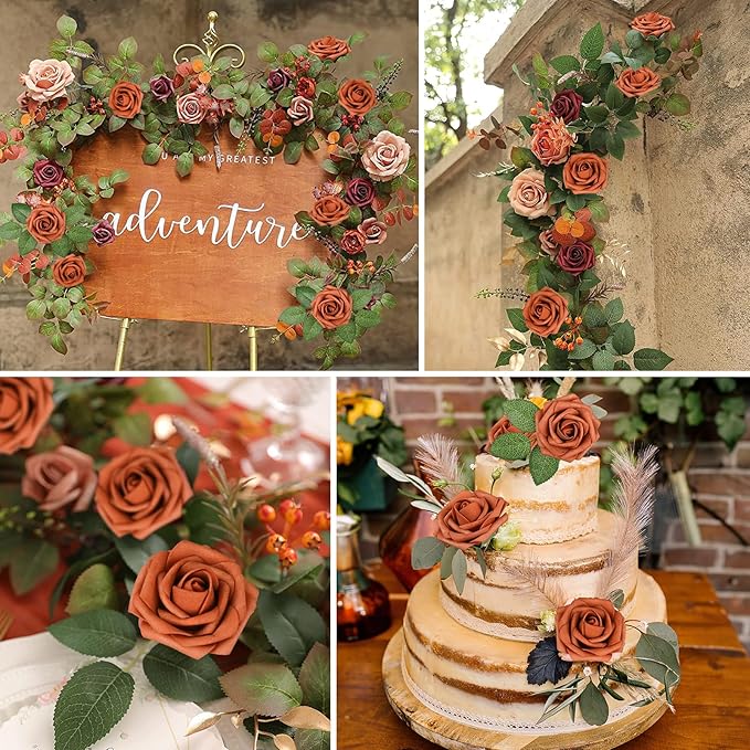 AmyHomie Artificial Flowers Burnt Orange Rose 25pcs Real Looking Fake Roses - Image 5