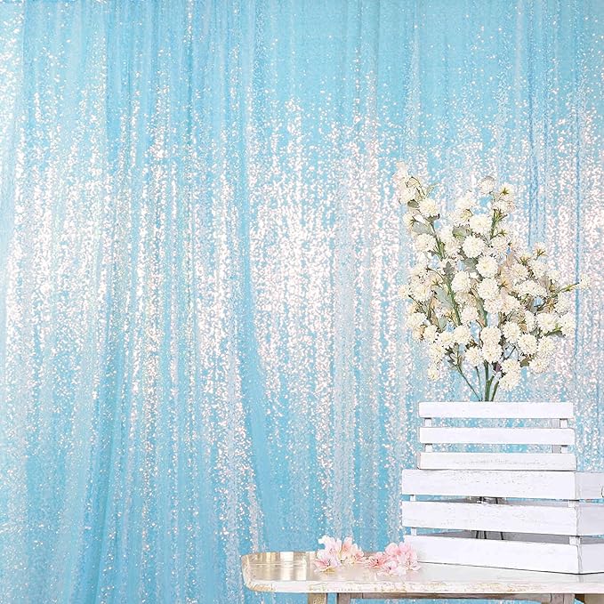 ShinyBeauty 10x10FT Iridescent Aqua Blue Sequin Backdrop Shimmer Wall Photo - Image 5