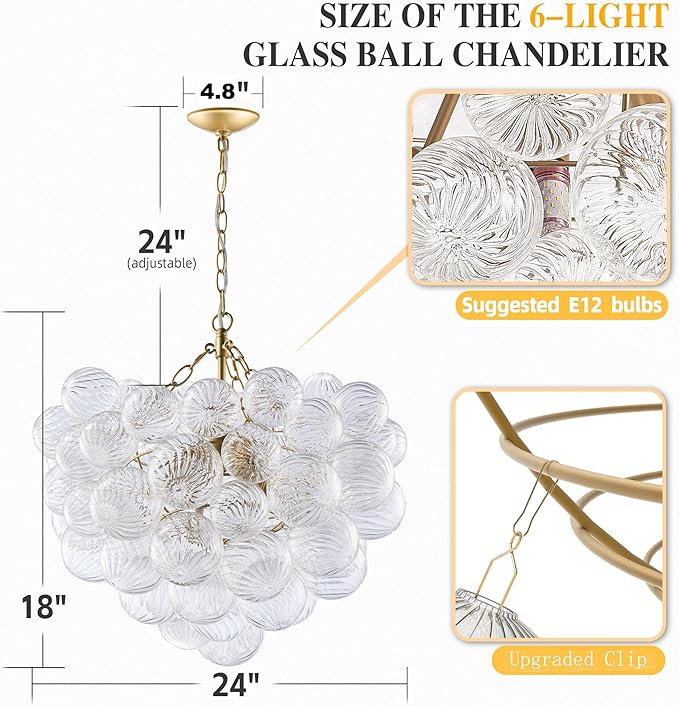 Nordic Bubble Ball Swirled Glass Chandelier, Diam 24 inch Gild Gold and Clear - Image 2