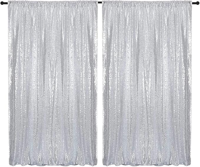 Silver Sequin Backdrop Curtains 2 Panels 4FTx8FT Wedding Photo Backdrop Drapes by WISPET