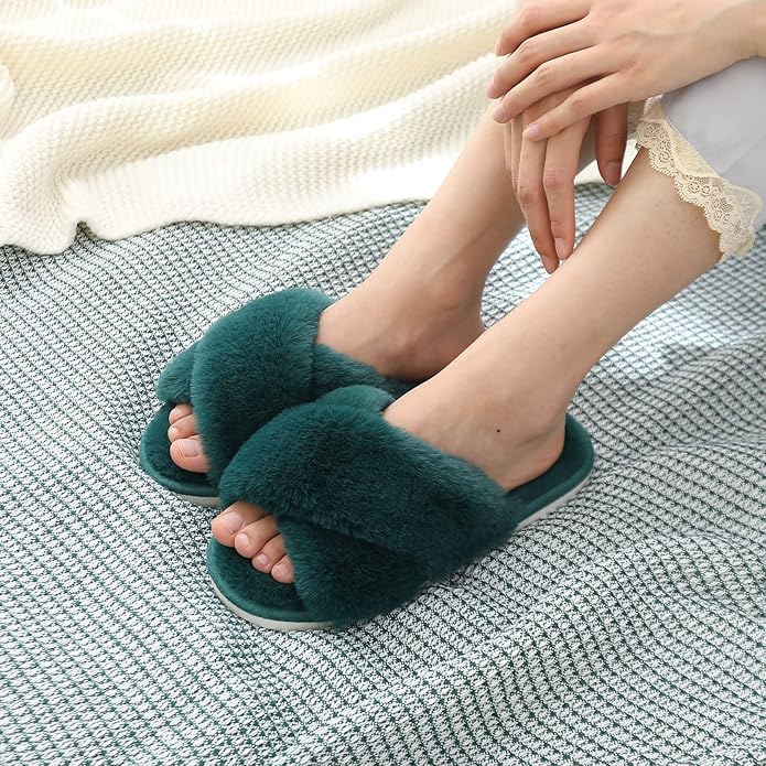 Evshine Women's Fuzzy Slippers Cross Band Memory Foam House Slippers Open Toe - Image 2