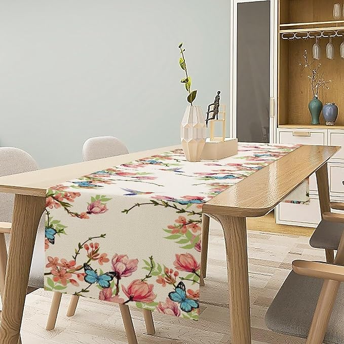 Floral Butterfly Table Runner Seasonal Spring Flower Bird Table Decoration - Image 3
