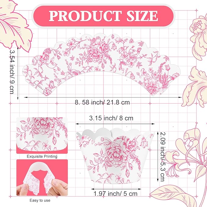 Domensi 100 Pcs Pink Floral Cupcake Wrappers Rustic Cupcake Liners Pink Baking - Image 3