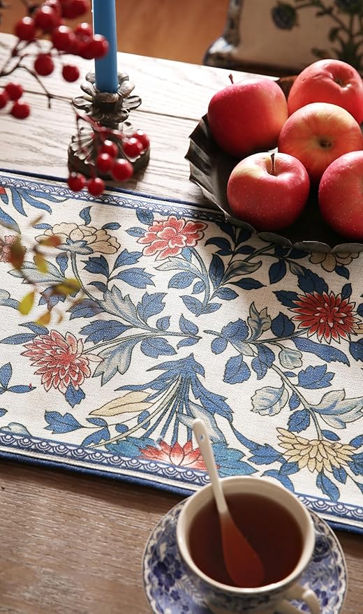 patdrea Designer Blue Cottage Rustic Floral Patterned Linen Table Runner 102 - Image 8
