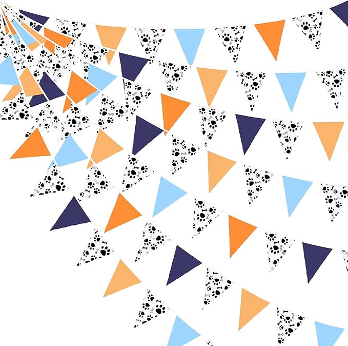 32Ft Orange Blue Dog Paw Party Decorations Puppy Paw Print Fabric Banner by pinkblume