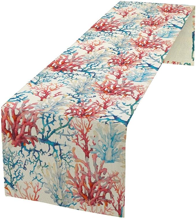 Blue Beach Table Runner, Tropical Ocean Coast Table Runner, Seashell Seasonal by ICMOLYYENLO