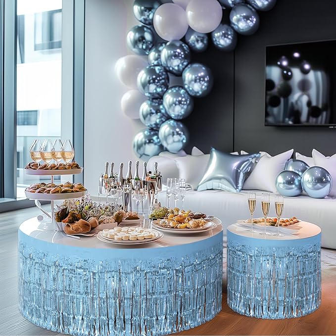 4 Pack Light Blue Table Skirts, 29x108" Metallic Foil Tinsel Fringe Table Skirts - Image 9