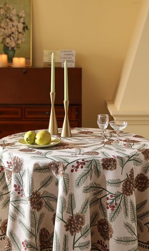 ISAENNE Designer Christmas Beige Linen Round Tablecloth, Pinecones Pattern - Image 6