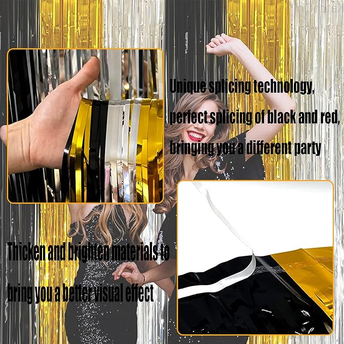 4 Pack Black Gold Silver Foil Fringe Curtain Backdrop, 3.28Ft x 8.2Ft Metallic - Image 3