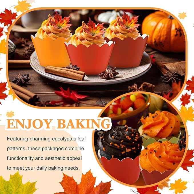 Domensi 100 Pcs Fall Cupcake Wrappers Rustic Cupcake Liners Thanksgiving Baking - Image 2