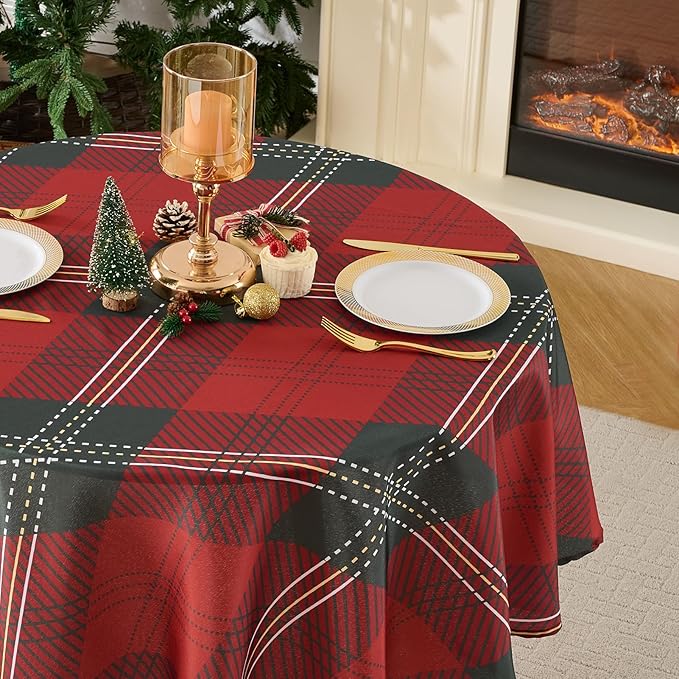 Christmas Tablecloth Round 60 Inch Waterproof, Machine Washable Checkered - Image 9