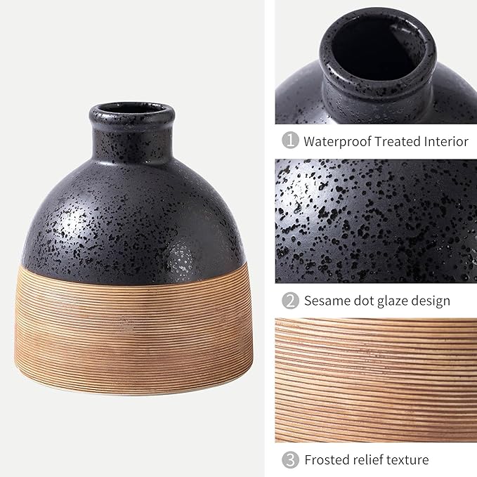 Black and Brown Rustic Farmhouse Flower Round Ceramic Striped Vase, Modern - Image 5