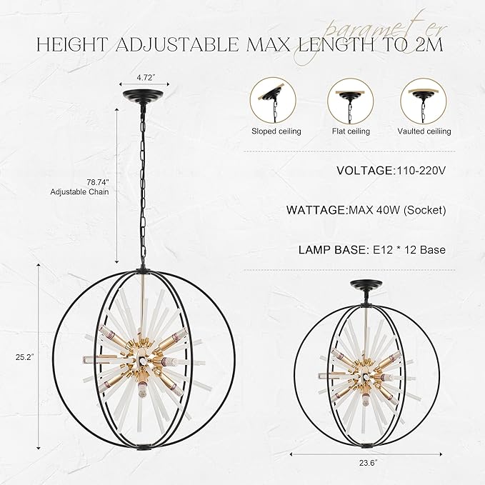 23.6" Black Gold 12-Light Globe Sputnik Chandelier Modern Adjustable Hanging - Image 3