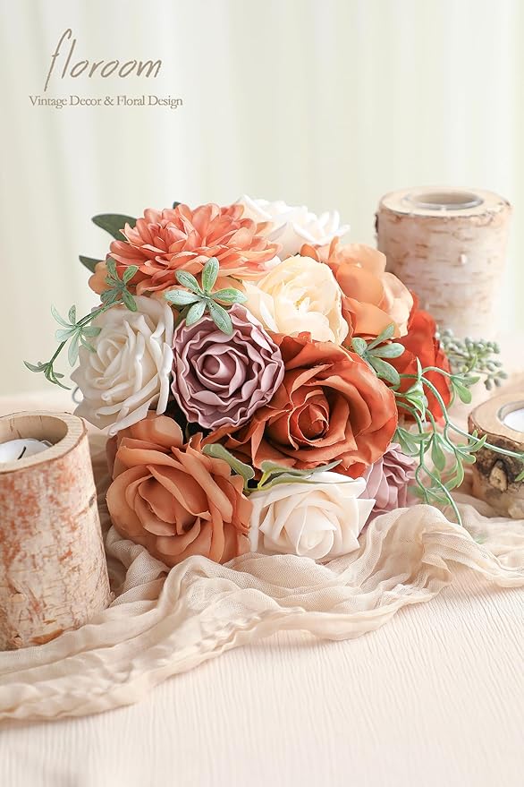 Floroom Terracotta Artificial Flowers Burnt Orange Fake Roses Peonies Dahlia - Image 3