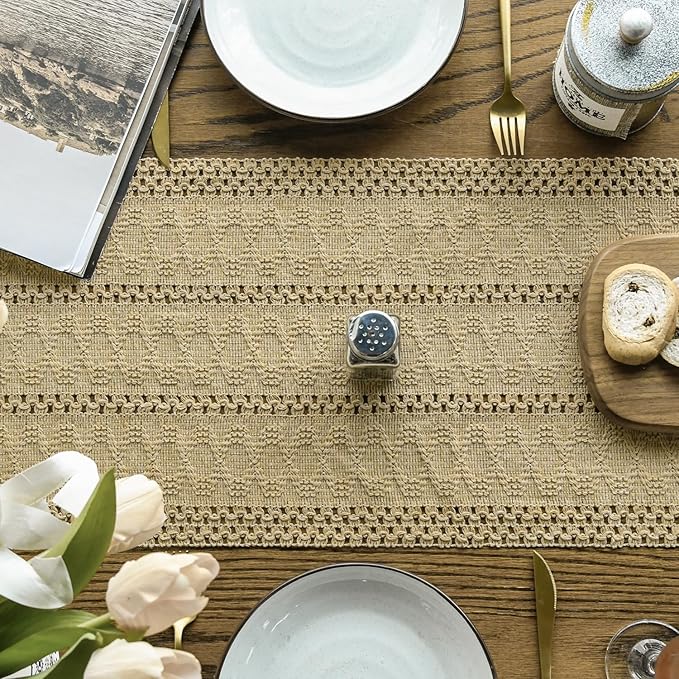 Artoid Mode Burlap Brown Farmhouse Woven Rustic Hollow Table Runner, Seasonal - Image 3