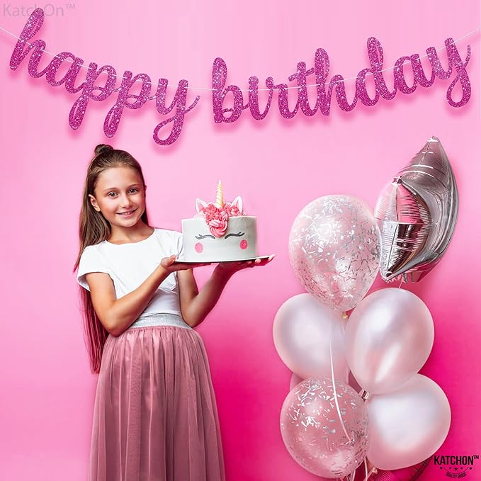 KatchOn, Glitter Pink Cursive Happy Birthday Banner - Image 4