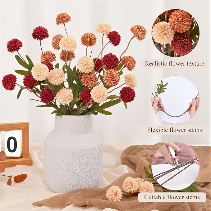 Waipfaru 10pcs Fake Silk Pompon Mum Artificial Fall Flowers, Faux Mini - Image 3