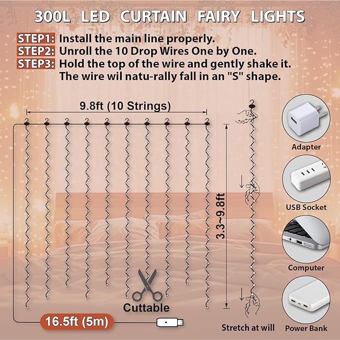 HXWEIYE 300LED Fairy Curtain Lights, 9.8x9.8Ft USB Plug-in 8 Modes Christmas - Image 5