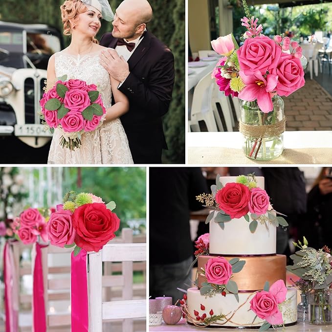AmyHomie 25pcs Real Looking Artificial Hot Pink Roses w/Stem - Image 4
