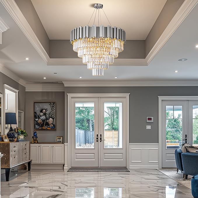 Modern Crystal Chandelier, 27.5" Silver Chandelier by BEIRIOLIGHTING
