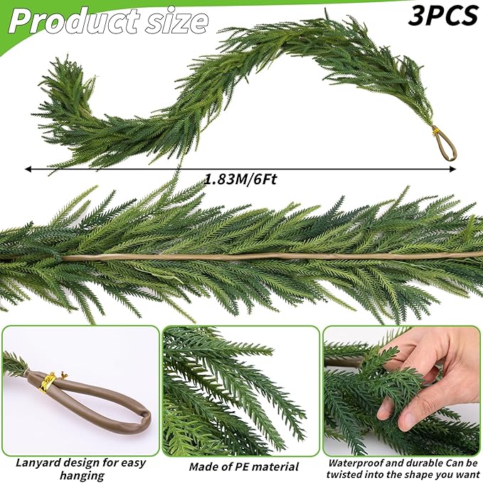 3 Pcs Artificial Norfolk Pine Garlands Christmas, 6 FT Dense Real Touch Winter - Image 2