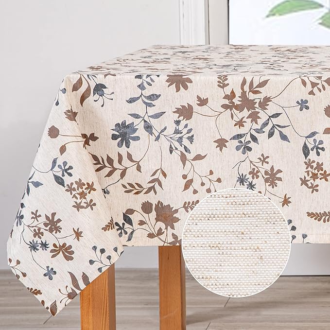 MYSKY HOME Rustic Tablecloth Classic Brown Leaves Printed Linen Fabric Table by MYSKYHOME