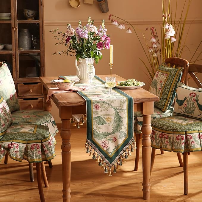 patdrea Designer Green Floral Extra Long Table Runner, French Elegant Vibrant - Image 7