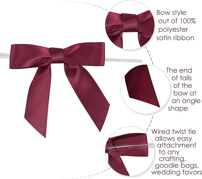 AIMUDI Burgundy Twist Tie Bows 2.5" Pre Tied Maroon Bows Premade Satin Gift Bows - Image 4