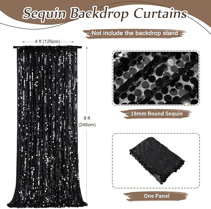 Black Sequin Backdrop Curtains 4ftx8ft Halloween Glitter Backdrop Drapes Big - Image 4