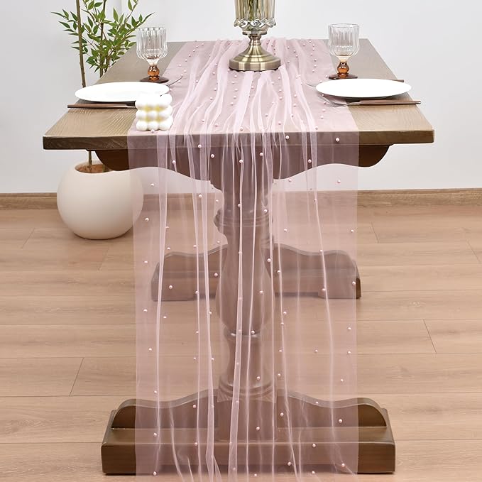 Joanlody Fall Pearl Table Runner 10ft Rustic Boho Tulle Table Runner - Image 6