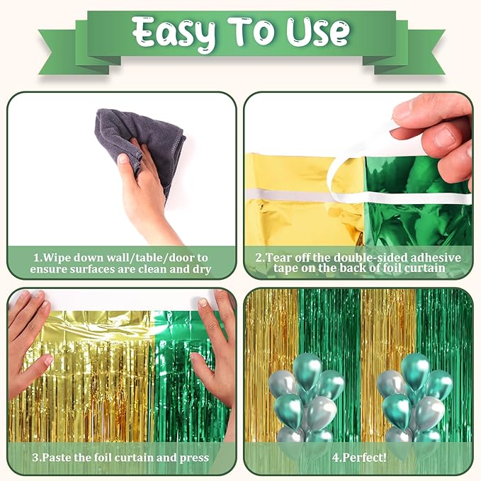3 Pack 3.3 x 8.2 ft Green and Gold Foil Fringe Backdrop Curtains, Tinsel - Image 4